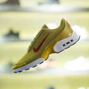 Stylish yellow running shoe in modern store